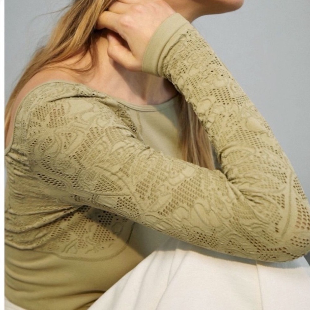 New‎ Anthropologie Lace Detail Boat Neck Long Sleeve Top Olive Green stretch s